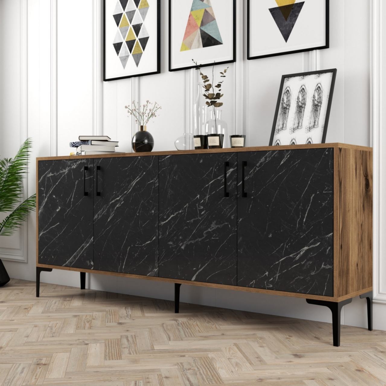 BUFFET HM9428.03 MELAMINE WALNUT WITH BLACK MARBLE-LOOK DOORS 180x35x78Hcm. [3]