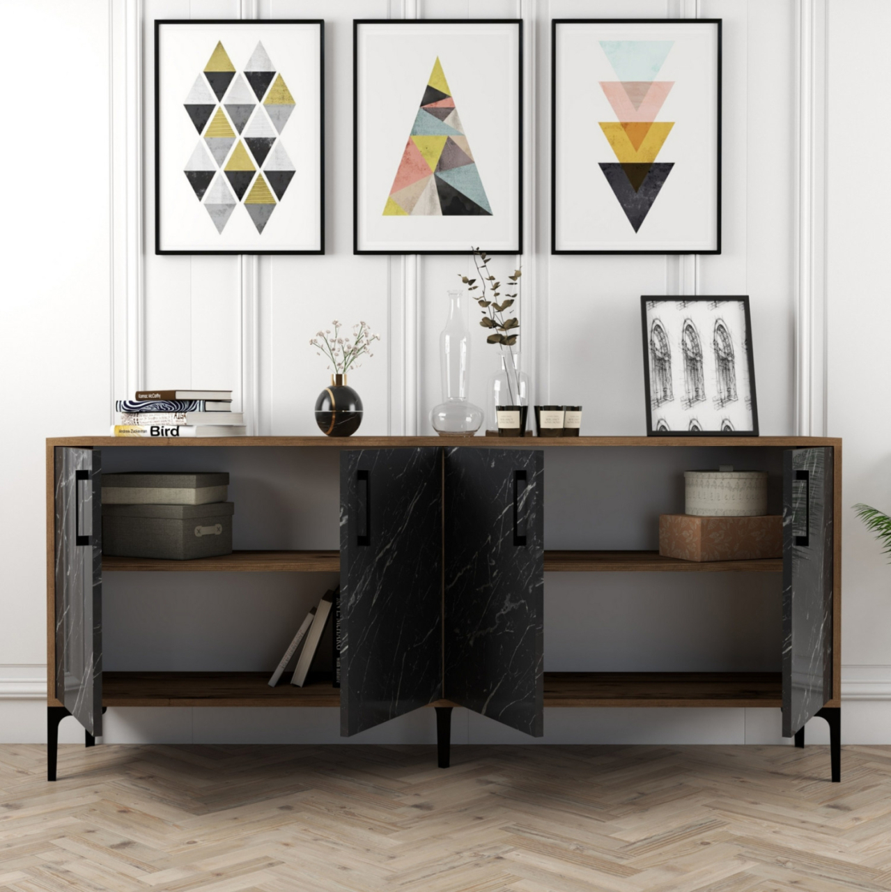 BUFFET HM9428.03 MELAMINE WALNUT WITH BLACK MARBLE-LOOK DOORS 180x35x78Hcm. [6]