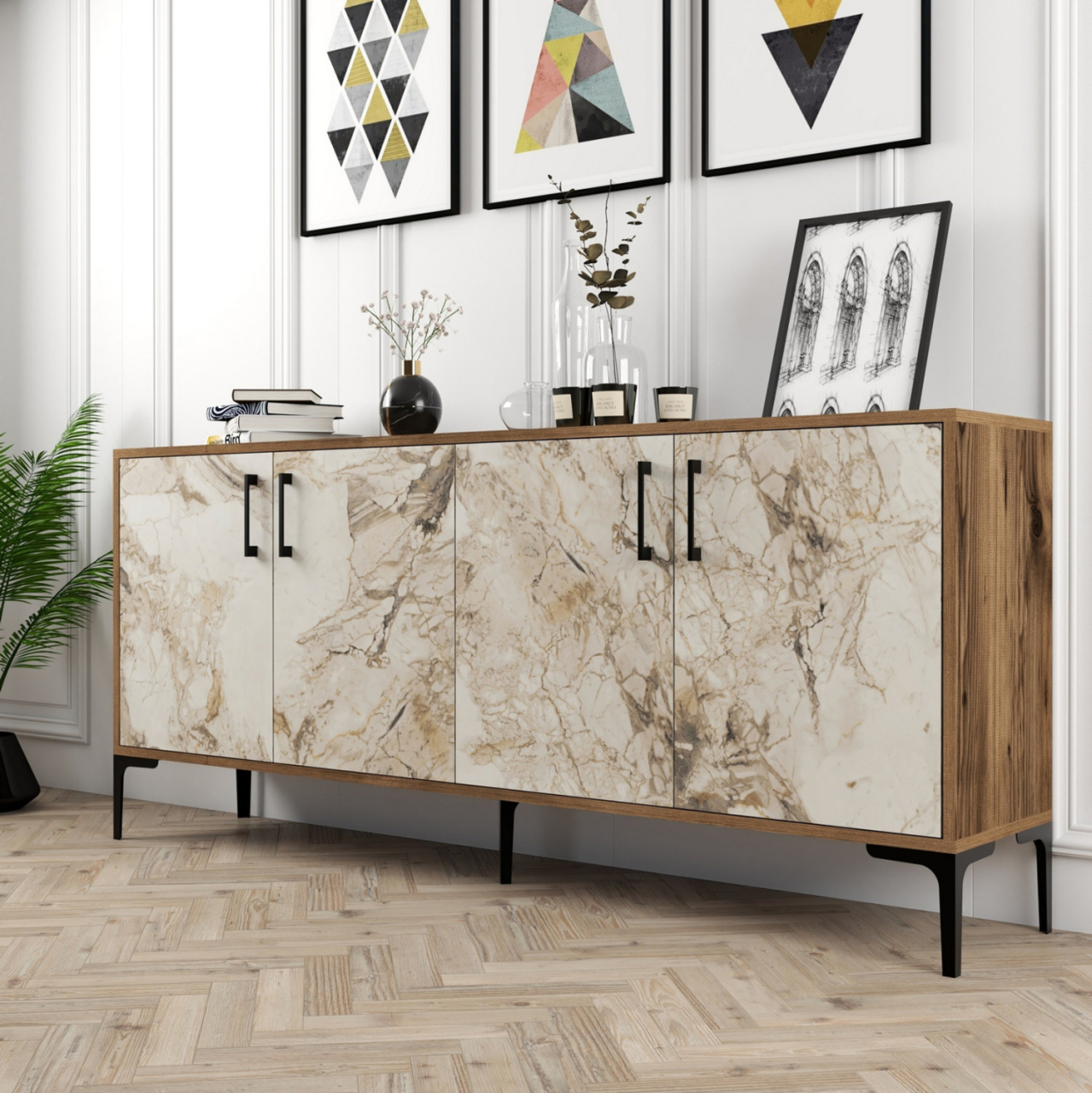 BUFFET MELAMINE ECRU MARBLE LOOK AND WALNUT 180x35x78Hcm.HM9428.02 [3]