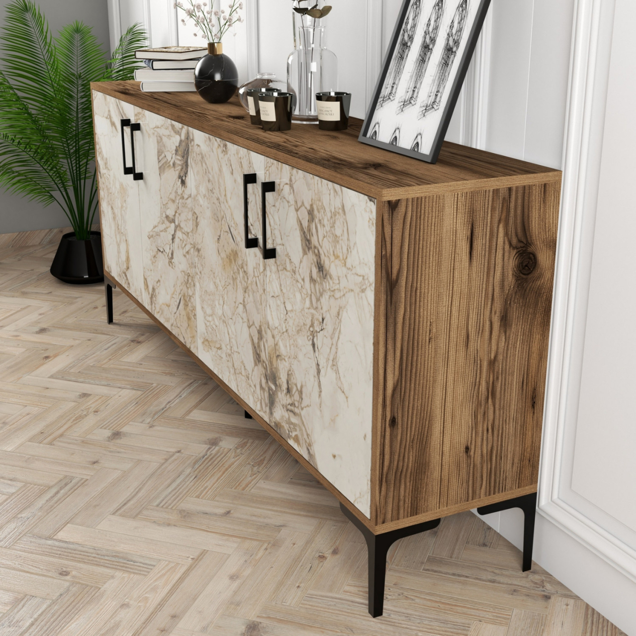 BUFFET MELAMINE ECRU MARBLE LOOK AND WALNUT 180x35x78Hcm.HM9428.02 [6]