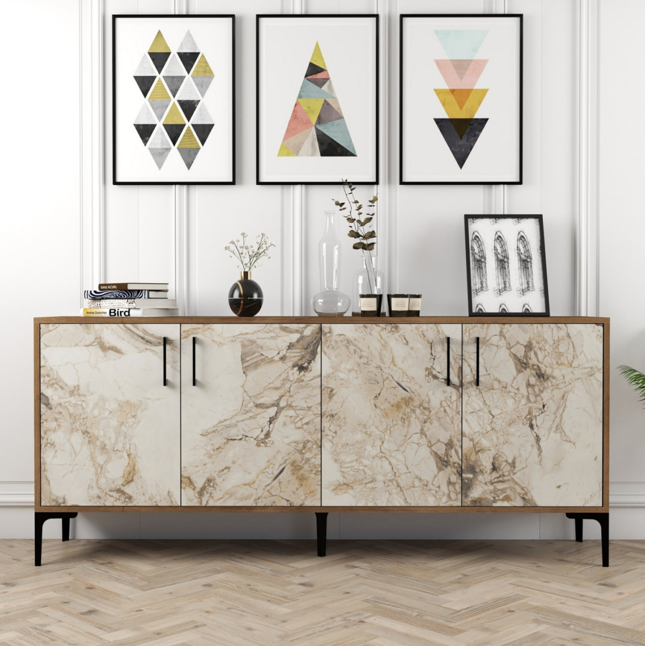 BUFFET MELAMINE ECRU MARBLE LOOK AND WALNUT 180x35x78Hcm.HM9428.02 [5]