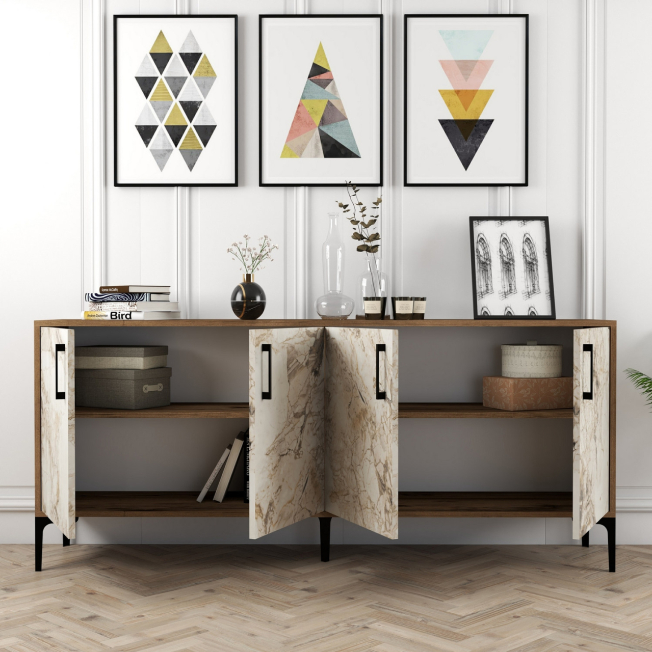 BUFFET MELAMINE ECRU MARBLE LOOK AND WALNUT 180x35x78Hcm.HM9428.02 [4]