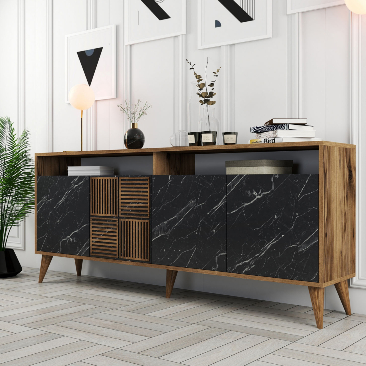 BUFFET MELAMINE HM9431.05 IN WALNUT WITH BLACK MARBLE-LOOK DOORS 180x35x78.6Hcm. [3]