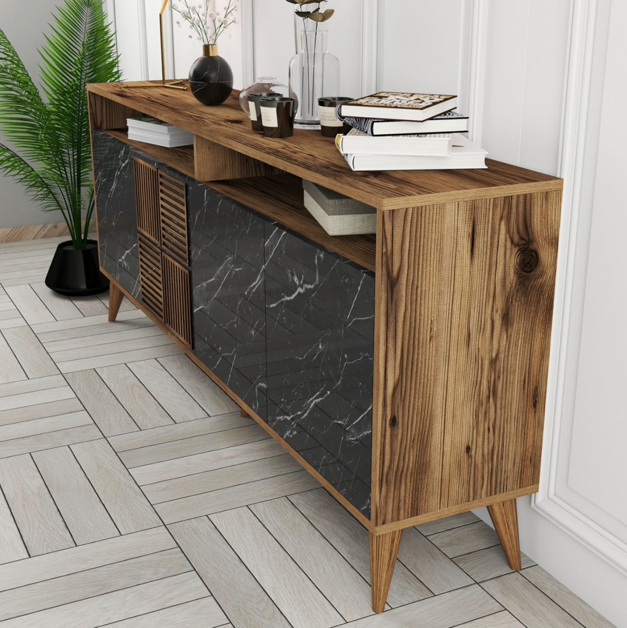 BUFFET MELAMINE HM9431.05 IN WALNUT WITH BLACK MARBLE-LOOK DOORS 180x35x78.6Hcm. [4]