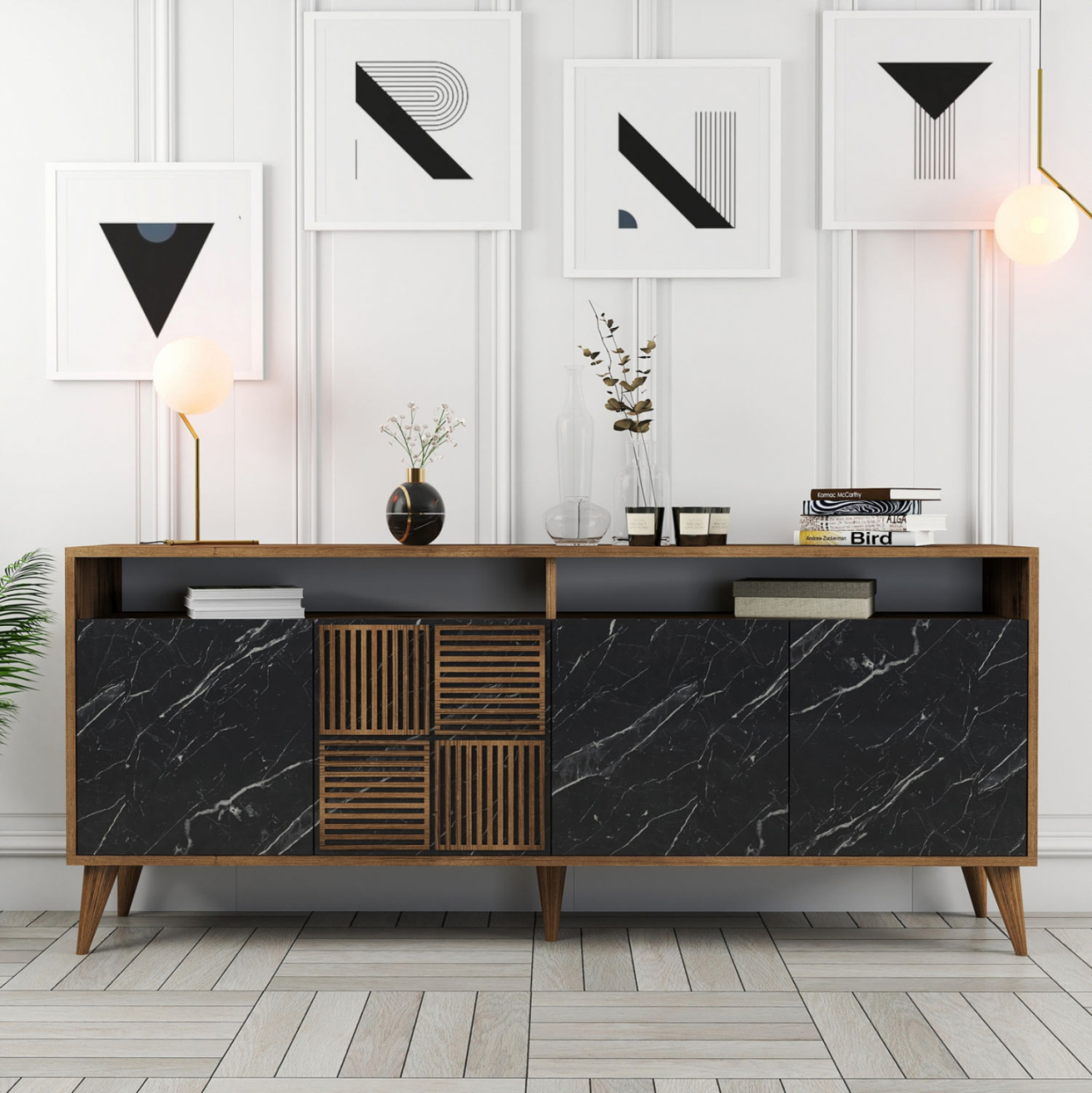 BUFFET MELAMINE HM9431.05 IN WALNUT WITH BLACK MARBLE-LOOK DOORS 180x35x78.6Hcm. [6]