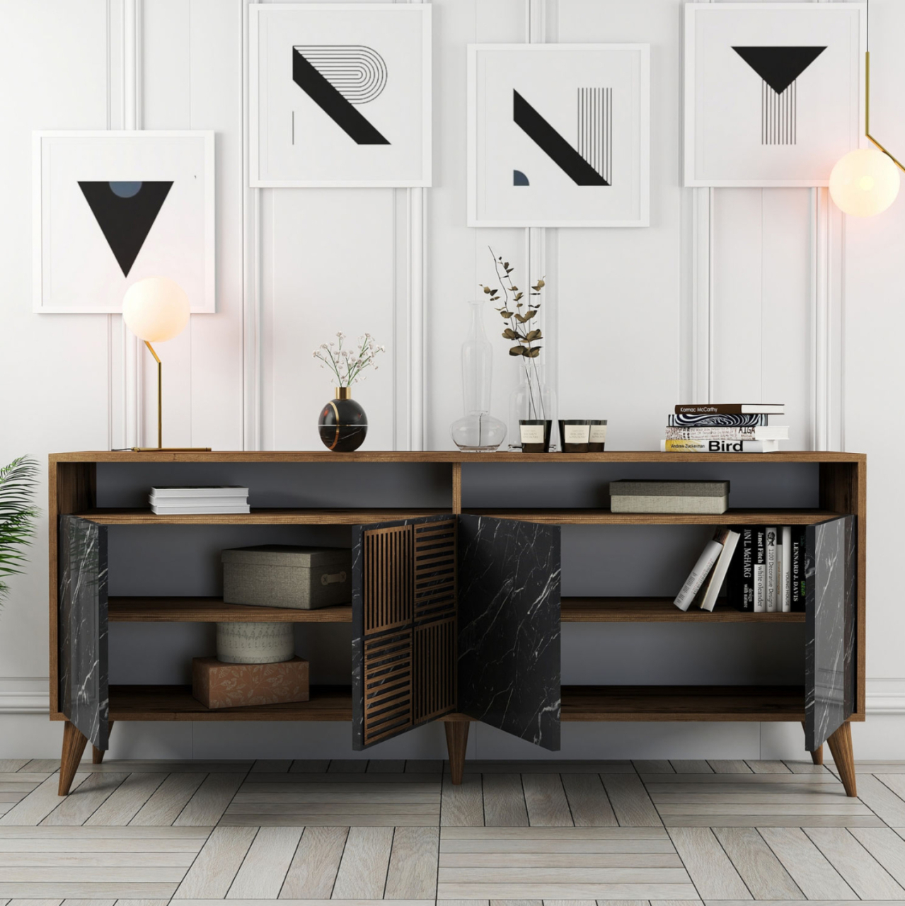 BUFFET MELAMINE HM9431.05 IN WALNUT WITH BLACK MARBLE-LOOK DOORS 180x35x78.6Hcm. [7]
