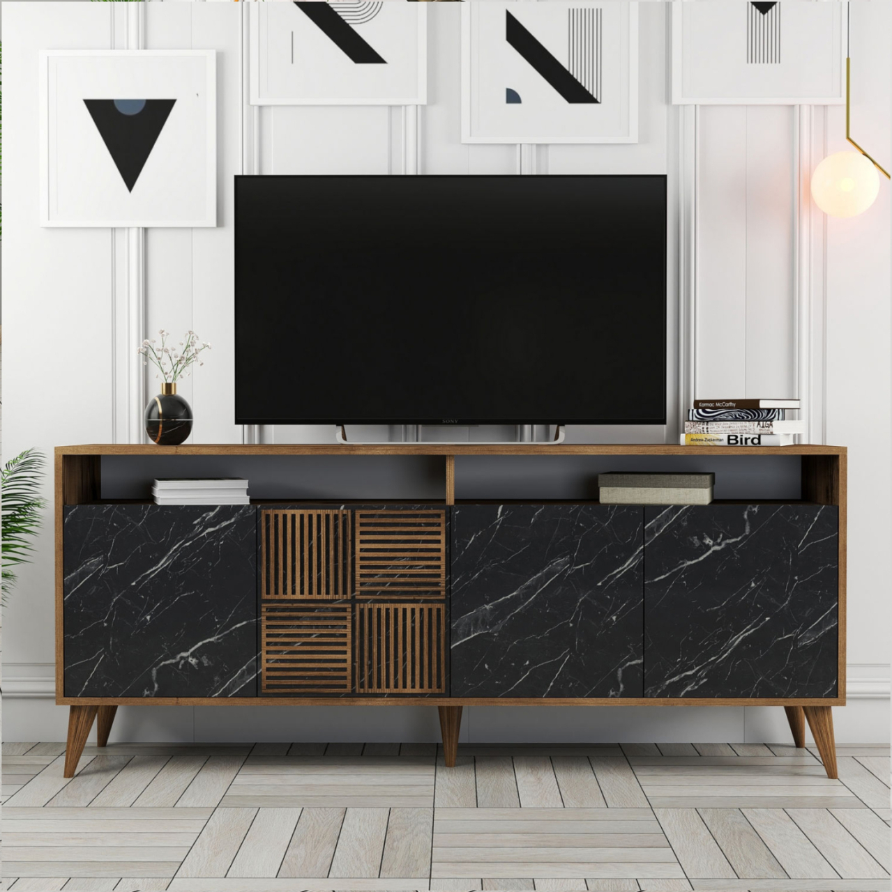BUFFET MELAMINE HM9431.05 IN WALNUT WITH BLACK MARBLE-LOOK DOORS 180x35x78.6Hcm. [5]