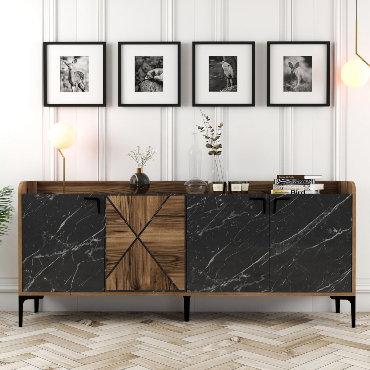 BUFFET MELAMINE HM9433.03 WALNUT WITH BLACK MARBLE-LOOK DOORS 180x35x78Hcm. [5]
