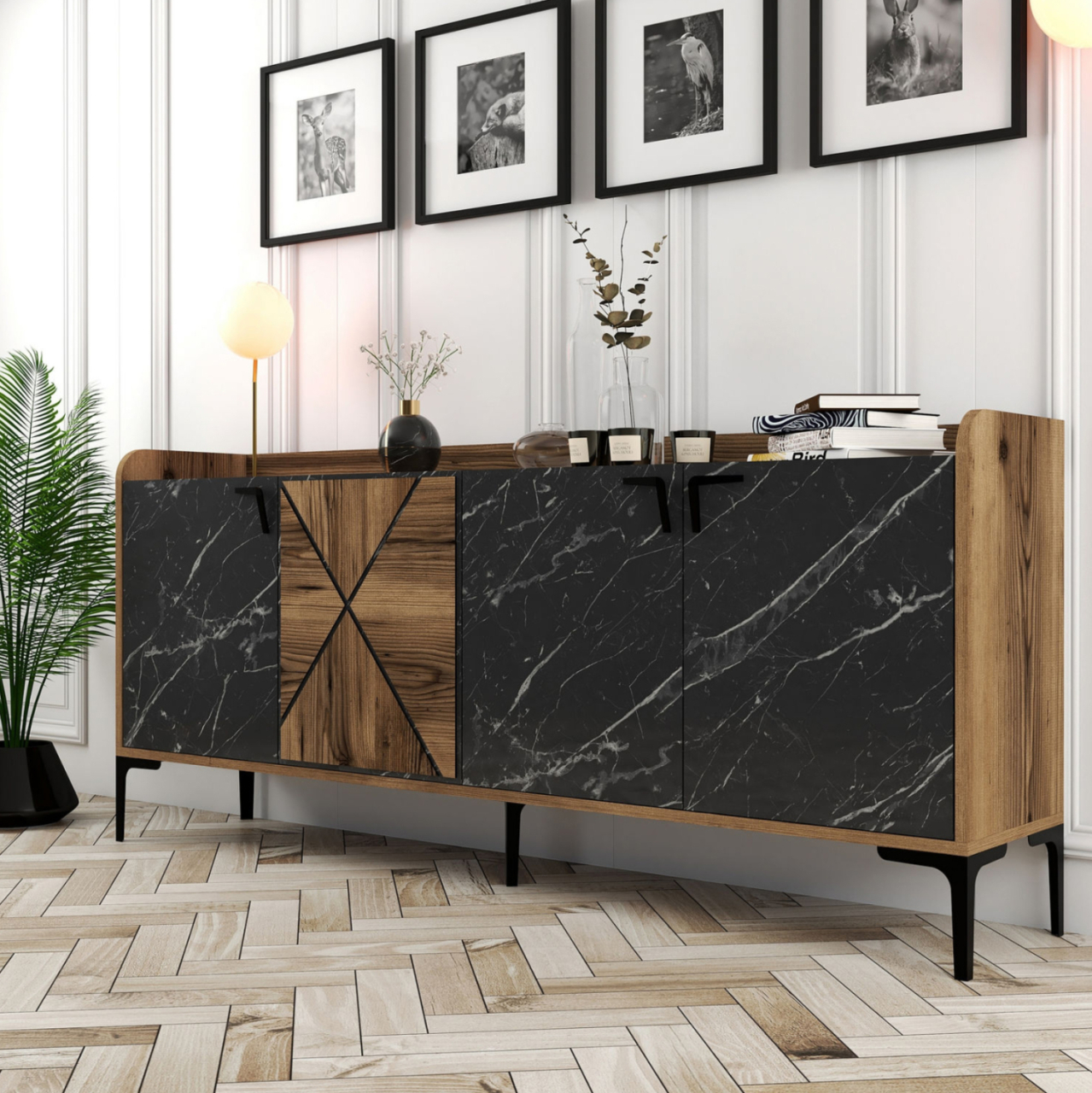 BUFFET MELAMINE HM9433.03 WALNUT WITH BLACK MARBLE-LOOK DOORS 180x35x78Hcm. [3]