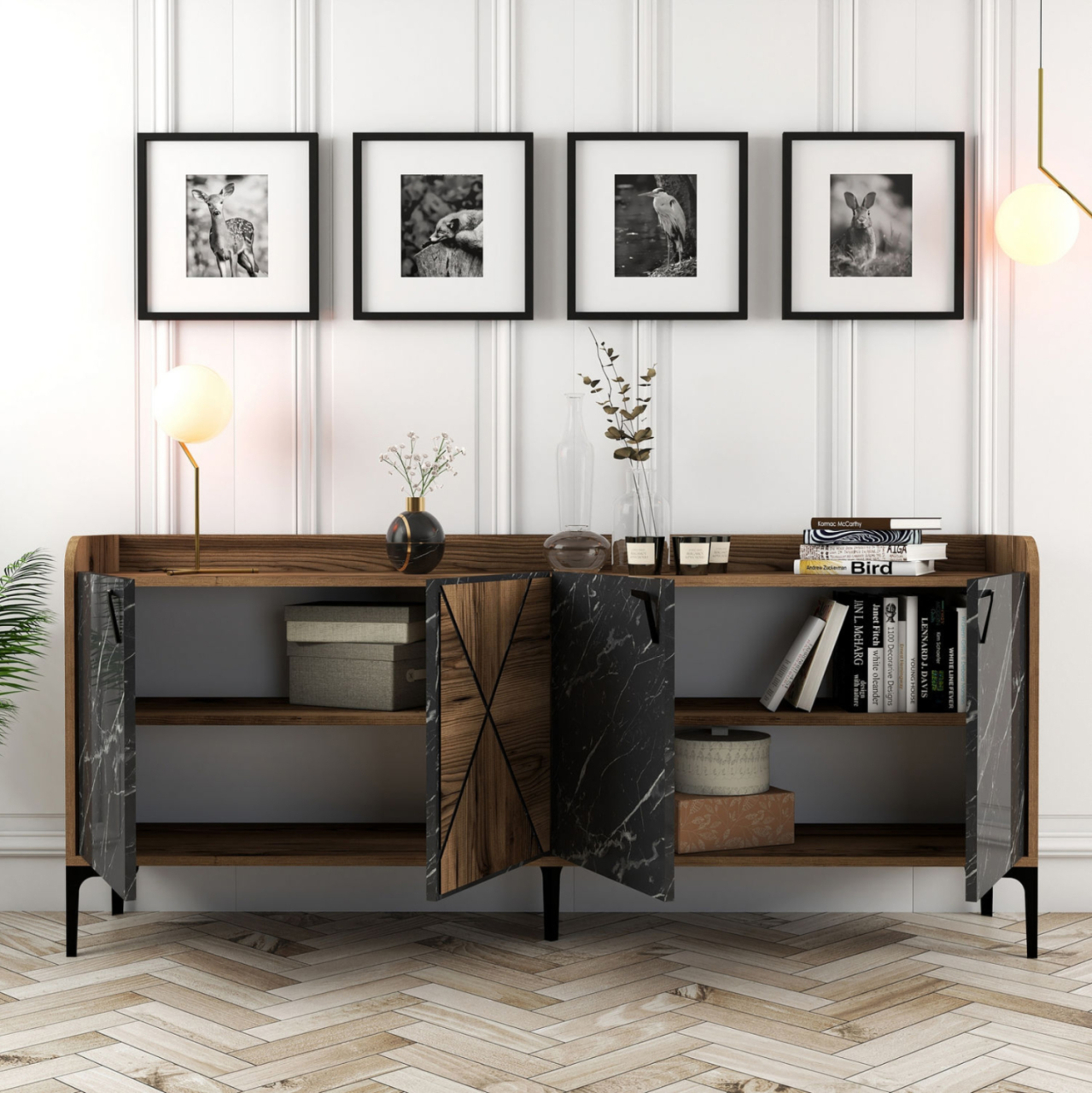 BUFFET MELAMINE HM9433.03 WALNUT WITH BLACK MARBLE-LOOK DOORS 180x35x78Hcm. [6]