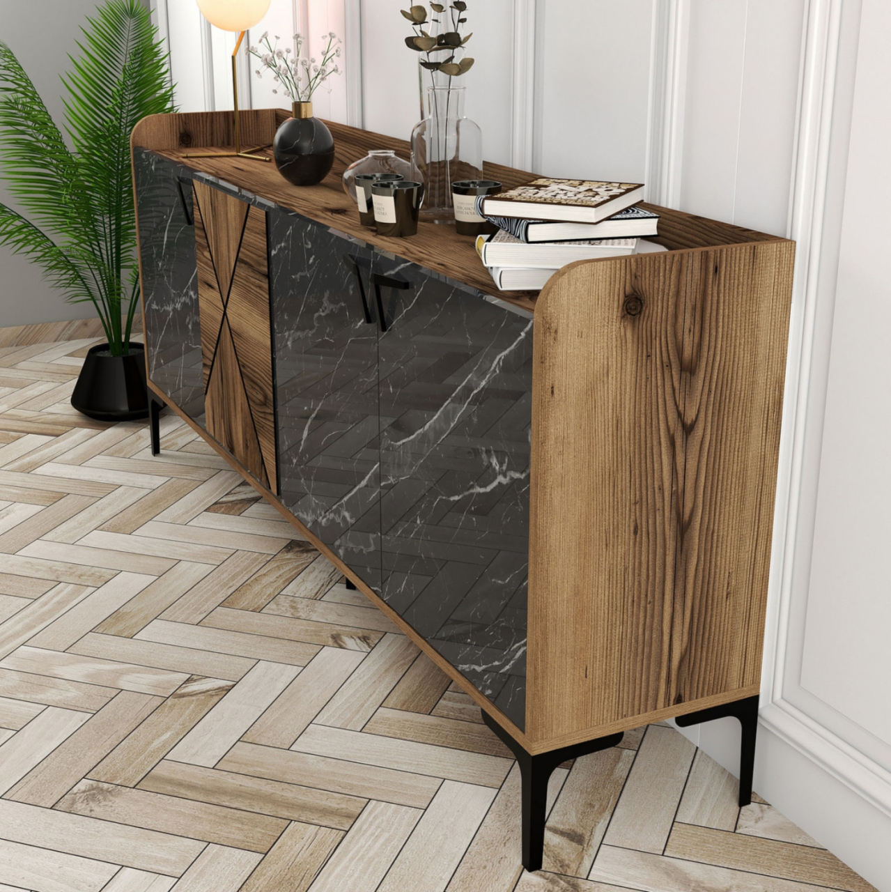 BUFFET MELAMINE HM9433.03 WALNUT WITH BLACK MARBLE-LOOK DOORS 180x35x78Hcm. [4]