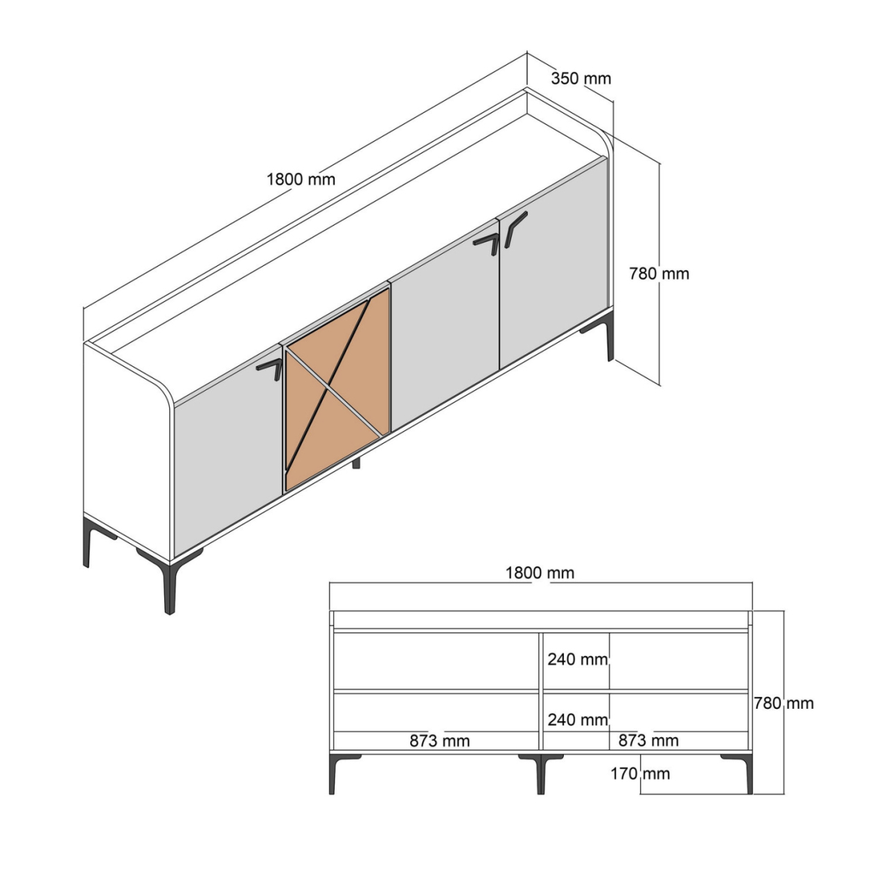 BUFFET MELAMINE HM9433.03 WALNUT WITH BLACK MARBLE-LOOK DOORS 180x35x78Hcm. [2]