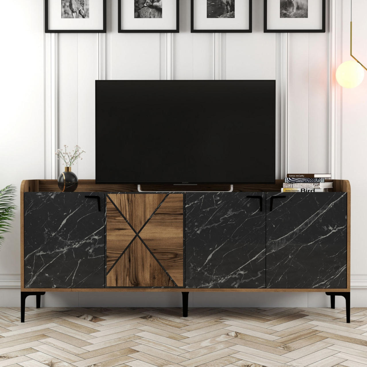 BUFFET MELAMINE HM9433.03 WALNUT WITH BLACK MARBLE-LOOK DOORS 180x35x78Hcm. [7]