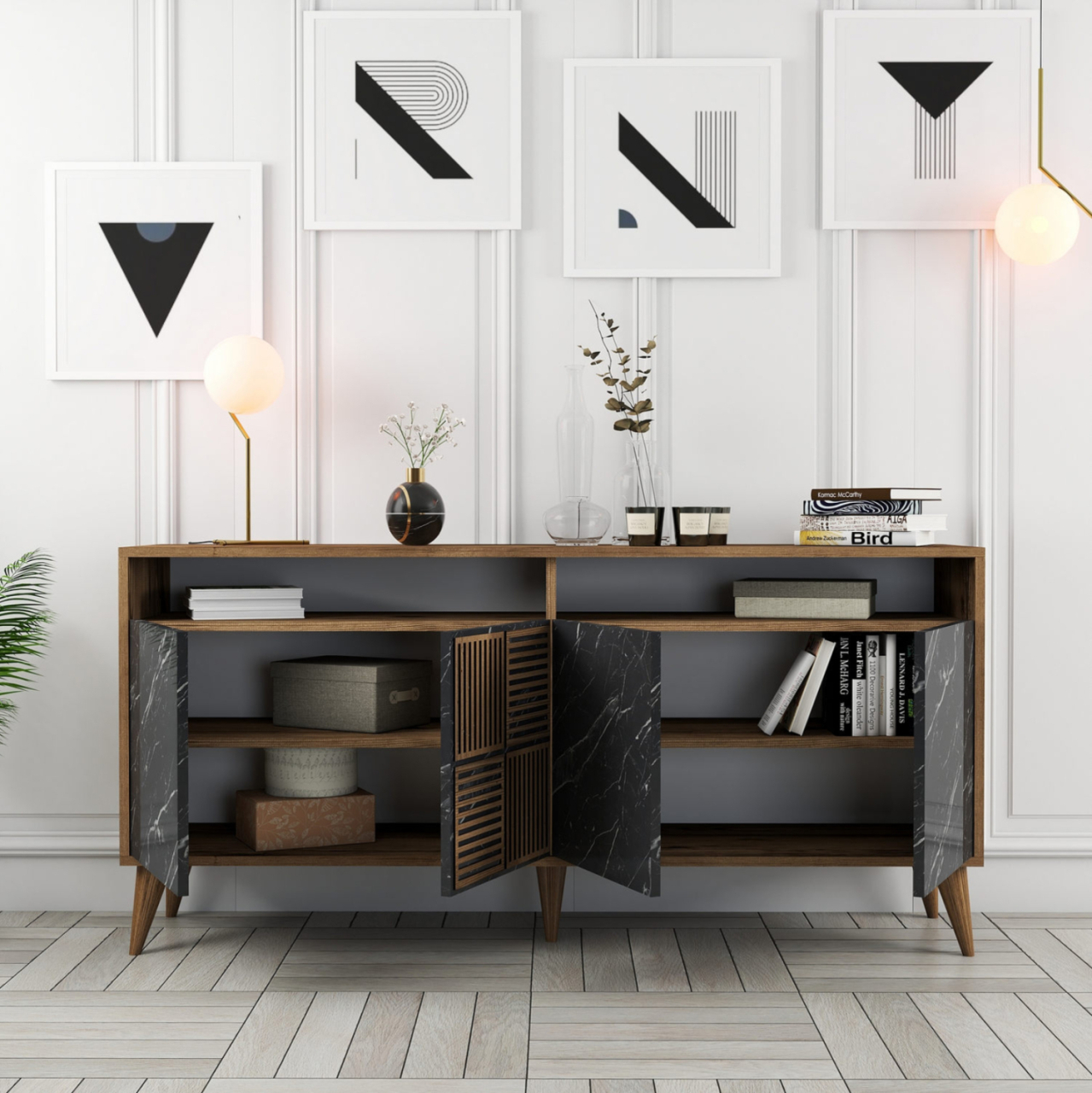 BUFFET MELAMINE HM9506.02 WALNUT WITH BLACK MARBLE-LOOK DOORS 160x35x78Hcm. [7]