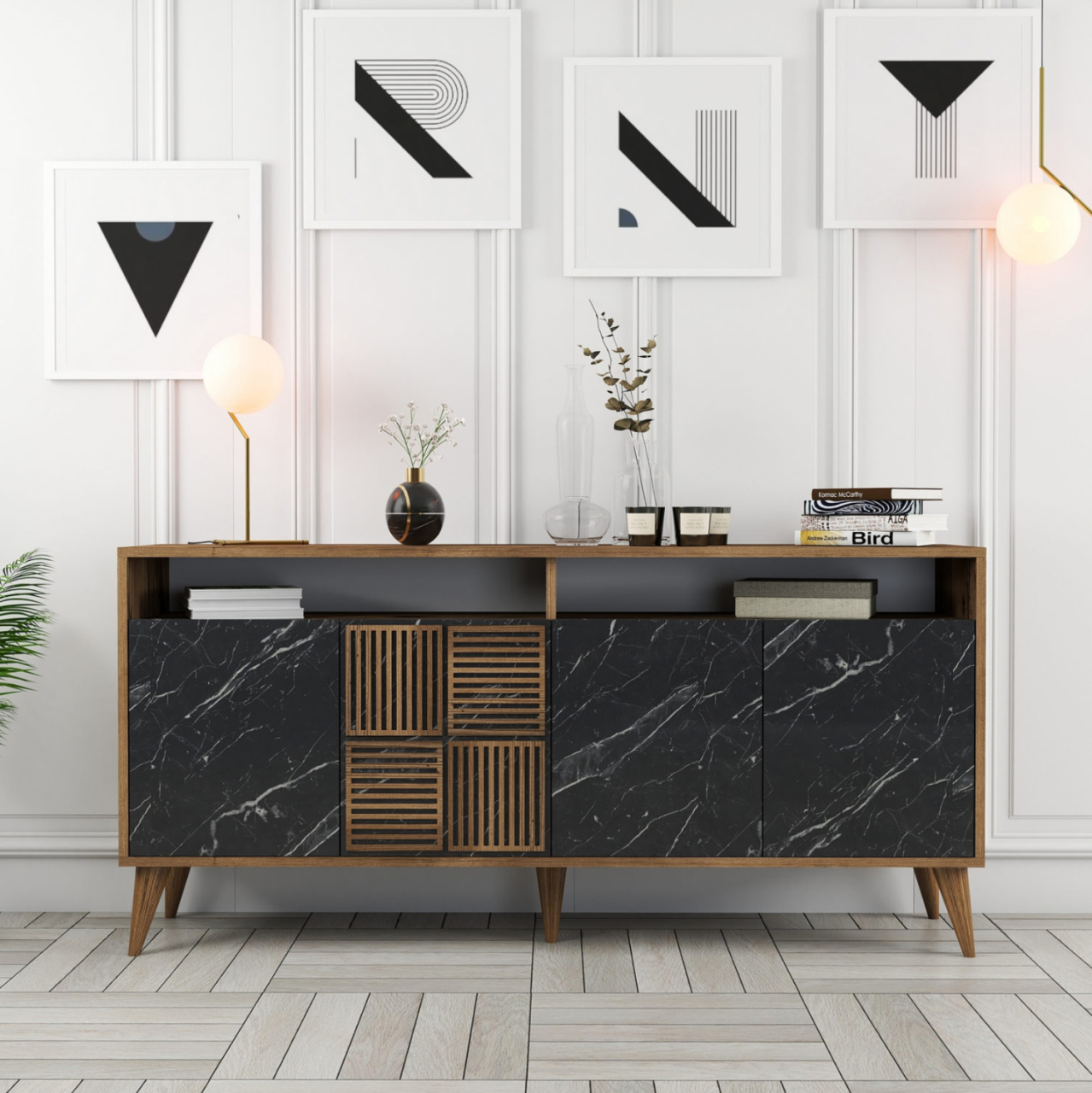 BUFFET MELAMINE HM9506.02 WALNUT WITH BLACK MARBLE-LOOK DOORS 160x35x78Hcm. [6]