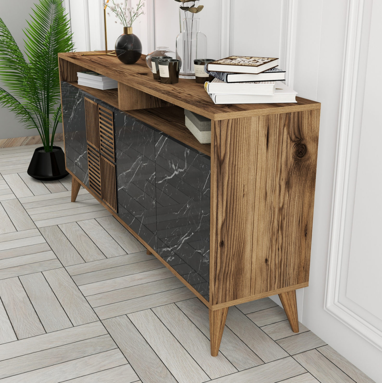 BUFFET MELAMINE HM9506.02 WALNUT WITH BLACK MARBLE-LOOK DOORS 160x35x78Hcm. [4]