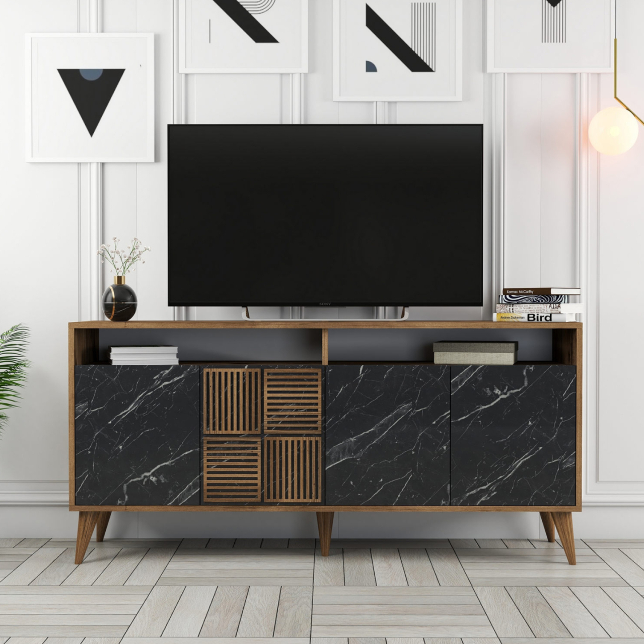 BUFFET MELAMINE HM9506.02 WALNUT WITH BLACK MARBLE-LOOK DOORS 160x35x78Hcm. [5]