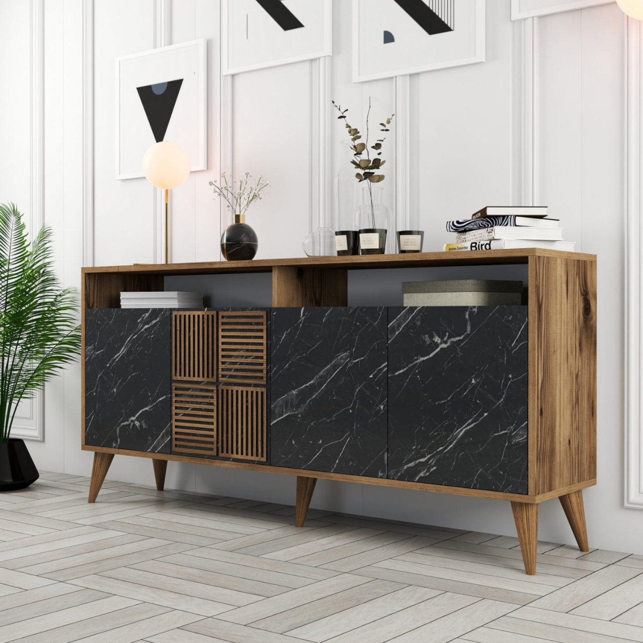 BUFFET MELAMINE HM9506.02 WALNUT WITH BLACK MARBLE-LOOK DOORS 160x35x78Hcm. [3]