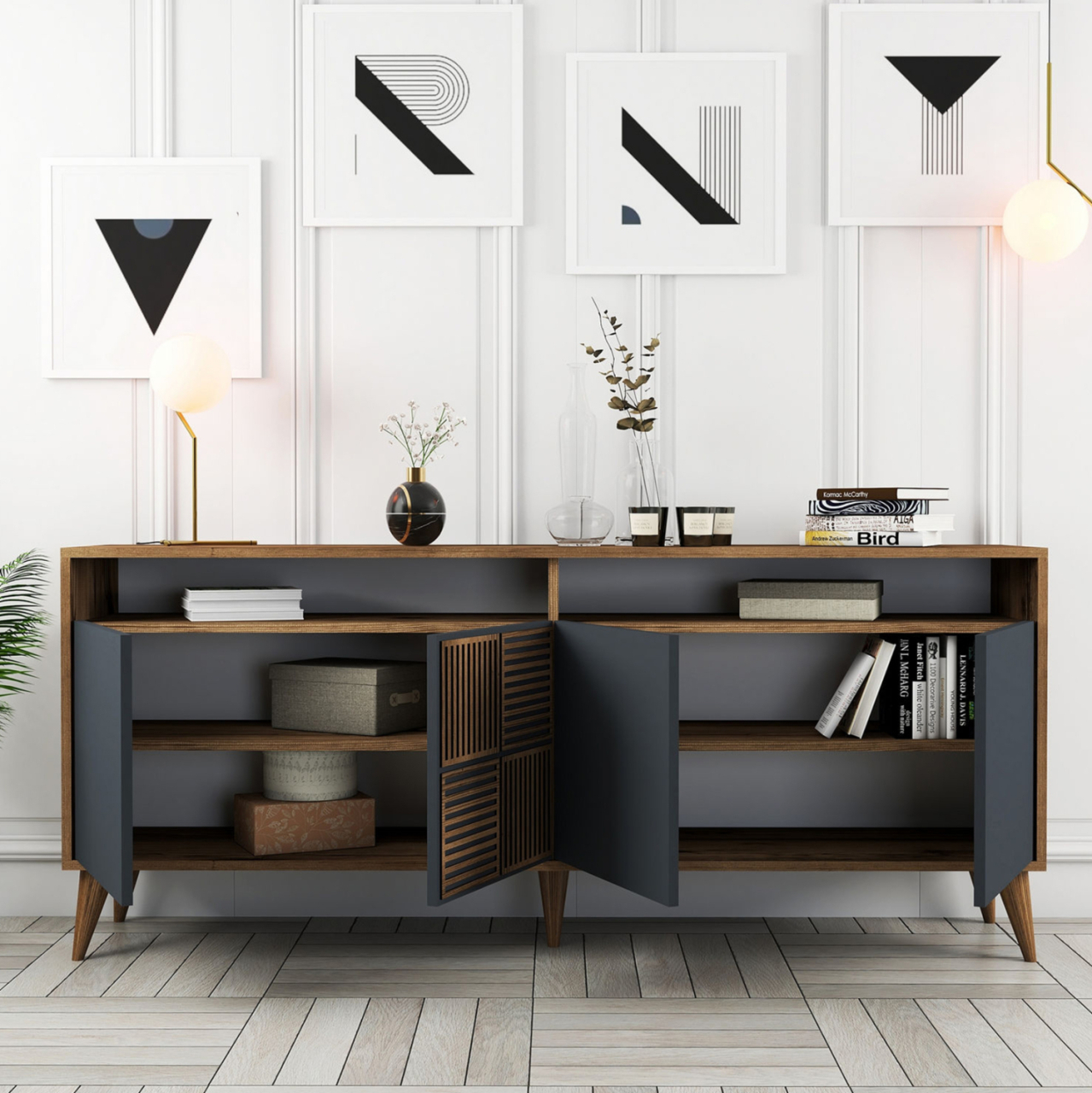 BUFFET MELAMINE IN WALNUT AND CHARCOAL GREY DOORS 180x35x78.6Hcm.HM9431.01 [5]