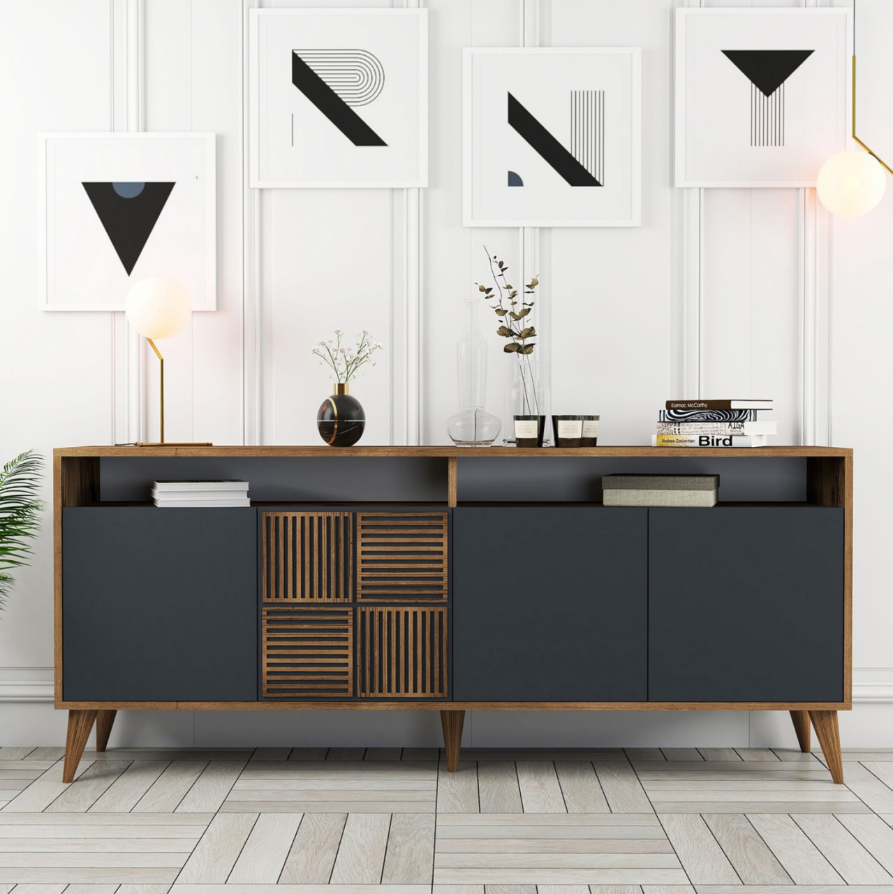 BUFFET MELAMINE IN WALNUT AND CHARCOAL GREY DOORS 180x35x78.6Hcm.HM9431.01 [4]
