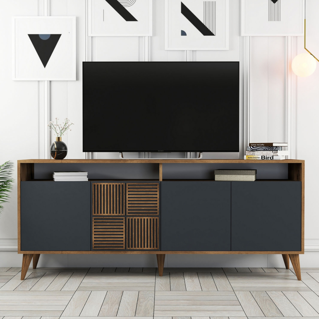 BUFFET MELAMINE IN WALNUT AND CHARCOAL GREY DOORS 180x35x78.6Hcm.HM9431.01 [7]