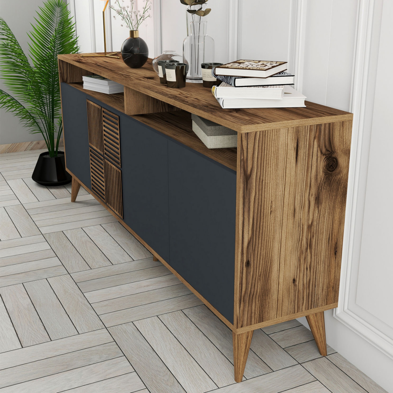 BUFFET MELAMINE IN WALNUT AND CHARCOAL GREY DOORS 180x35x78.6Hcm.HM9431.01 [6]