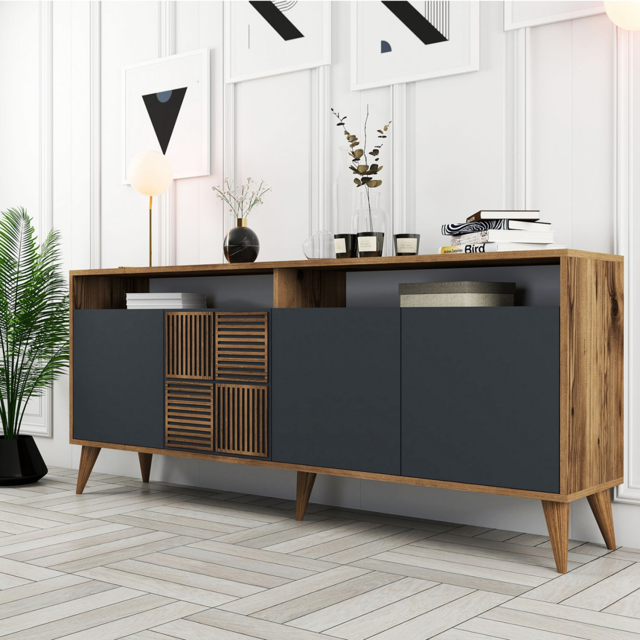 BUFFET MELAMINE IN WALNUT AND CHARCOAL GREY DOORS 180x35x78.6Hcm.HM9431.01 [3]