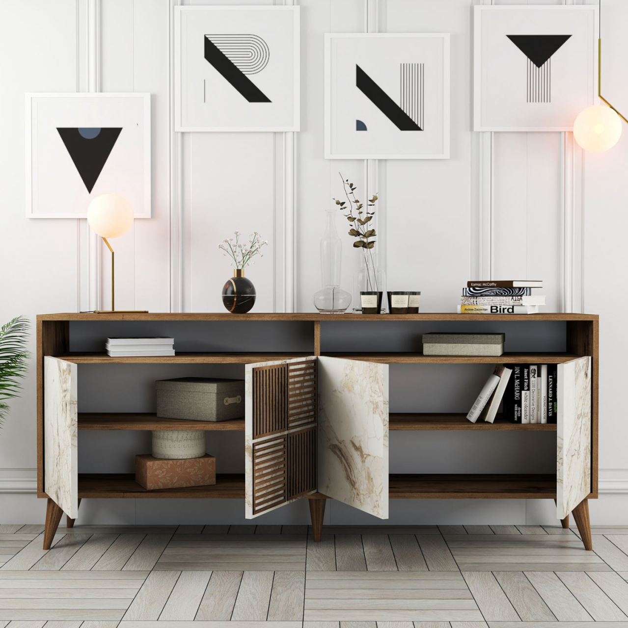 BUFFET MELAMINE IN WALNUT COLOR AND WHITE MARBLE-LOOK DOORS 180x35x78,6Hcm.HM9431.03 [5]