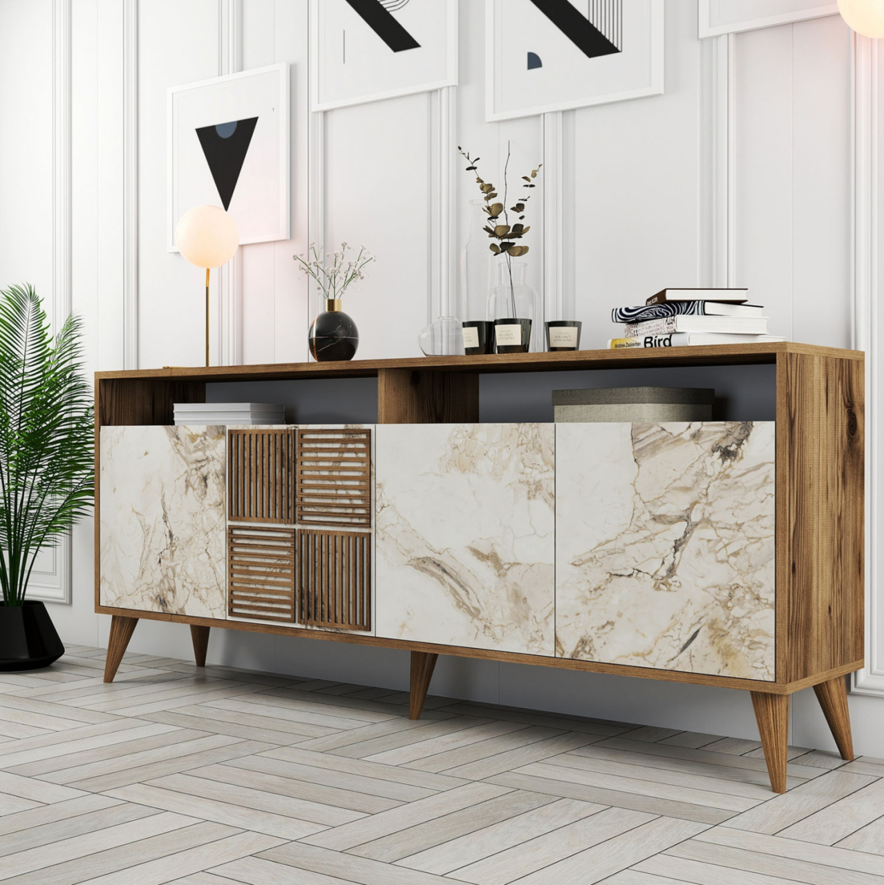 BUFFET MELAMINE IN WALNUT COLOR AND WHITE MARBLE-LOOK DOORS 180x35x78,6Hcm.HM9431.03 [3]
