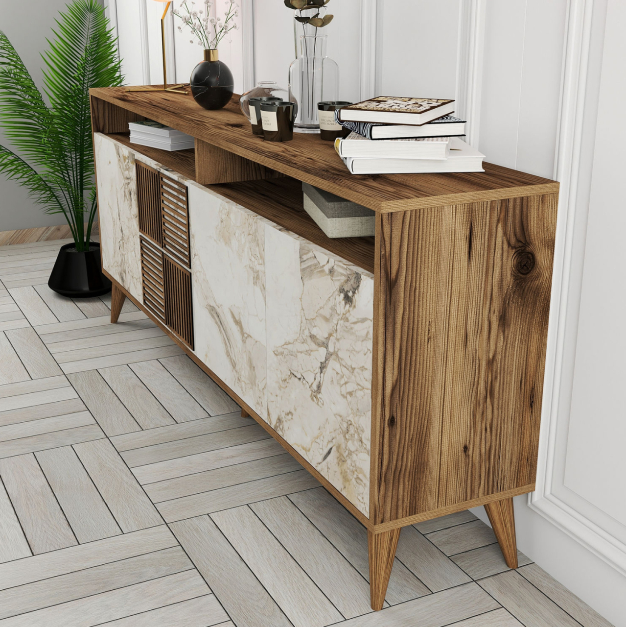 BUFFET MELAMINE IN WALNUT COLOR AND WHITE MARBLE-LOOK DOORS 180x35x78,6Hcm.HM9431.03 [6]
