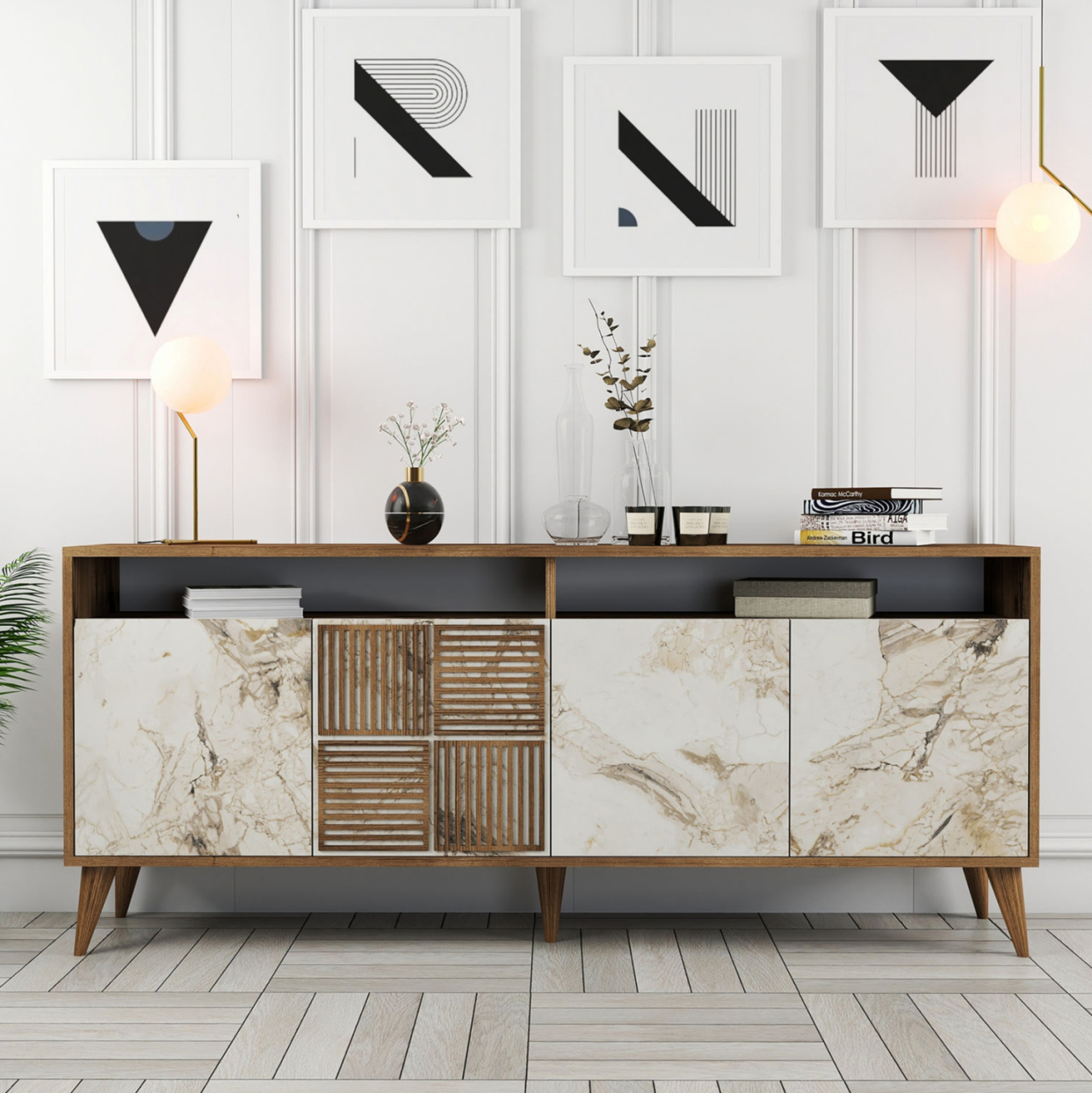 BUFFET MELAMINE IN WALNUT COLOR AND WHITE MARBLE-LOOK DOORS 180x35x78,6Hcm.HM9431.03 [4]