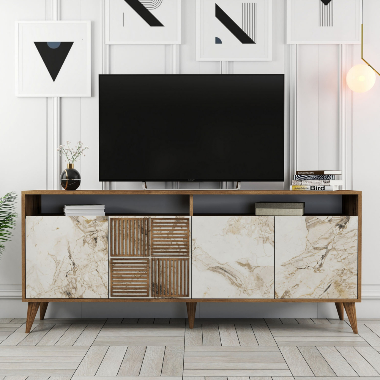 BUFFET MELAMINE IN WALNUT COLOR AND WHITE MARBLE-LOOK DOORS 180x35x78,6Hcm.HM9431.03 [7]