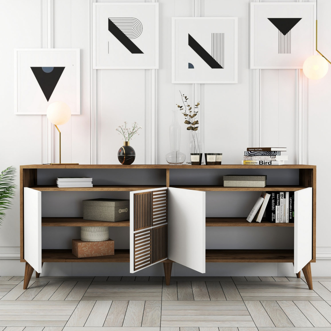 BUFFET MELAMINE IN WALNUT WITH WHITE DOORS 180x35x78.6Hcm.HM9431.02 [5]
