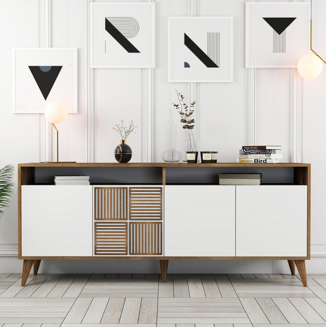 BUFFET MELAMINE IN WALNUT WITH WHITE DOORS 180x35x78.6Hcm.HM9431.02 [4]