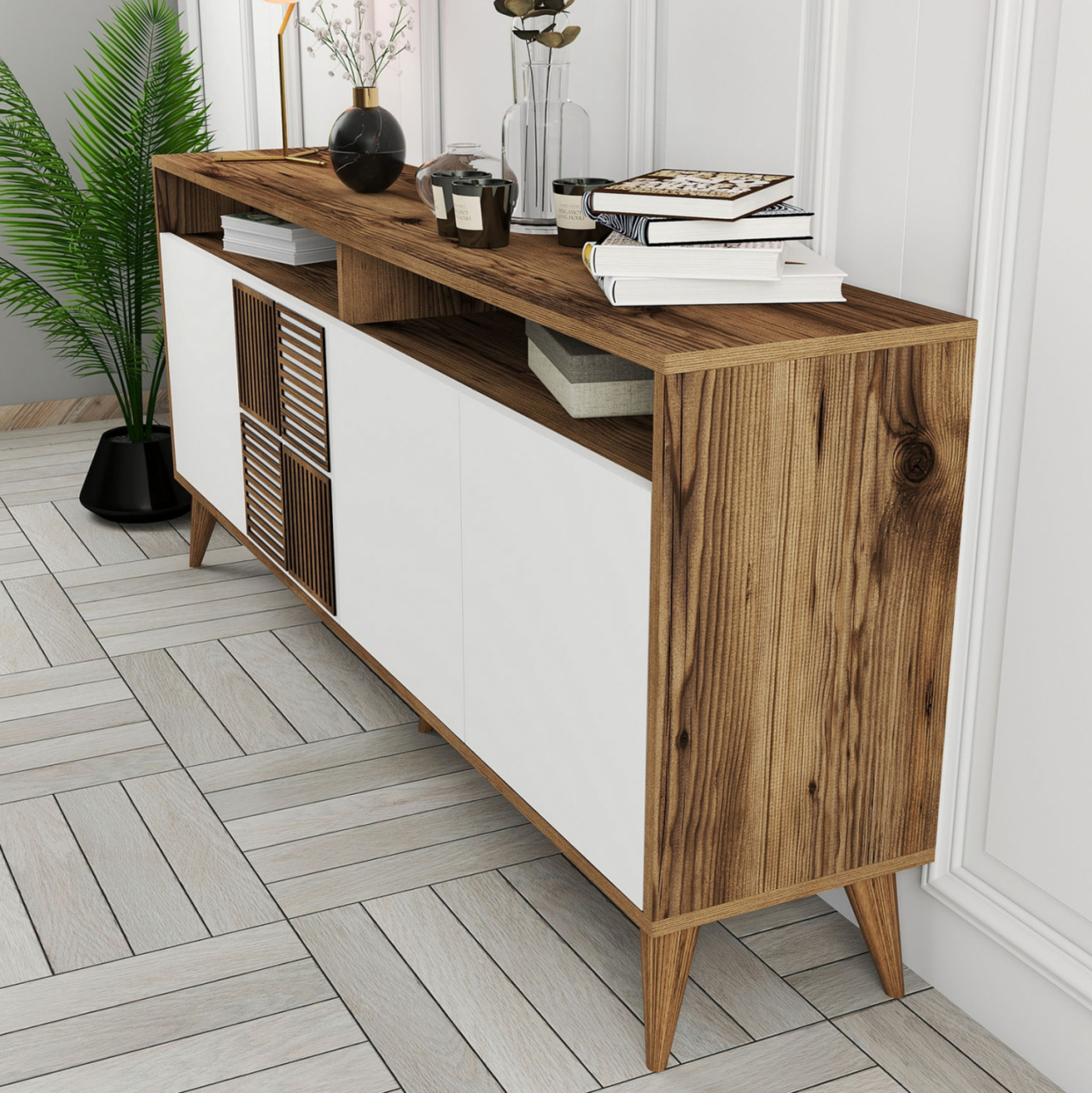 BUFFET MELAMINE IN WALNUT WITH WHITE DOORS 180x35x78.6Hcm.HM9431.02 [6]
