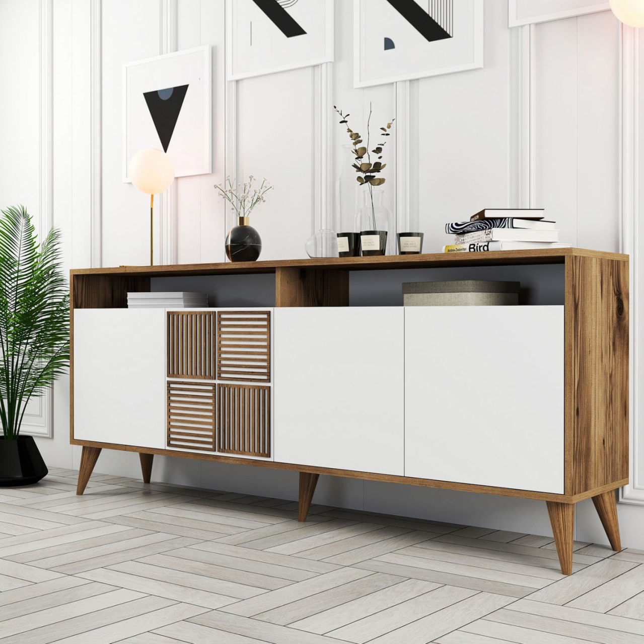 BUFFET MELAMINE IN WALNUT WITH WHITE DOORS 180x35x78.6Hcm.HM9431.02 [3]