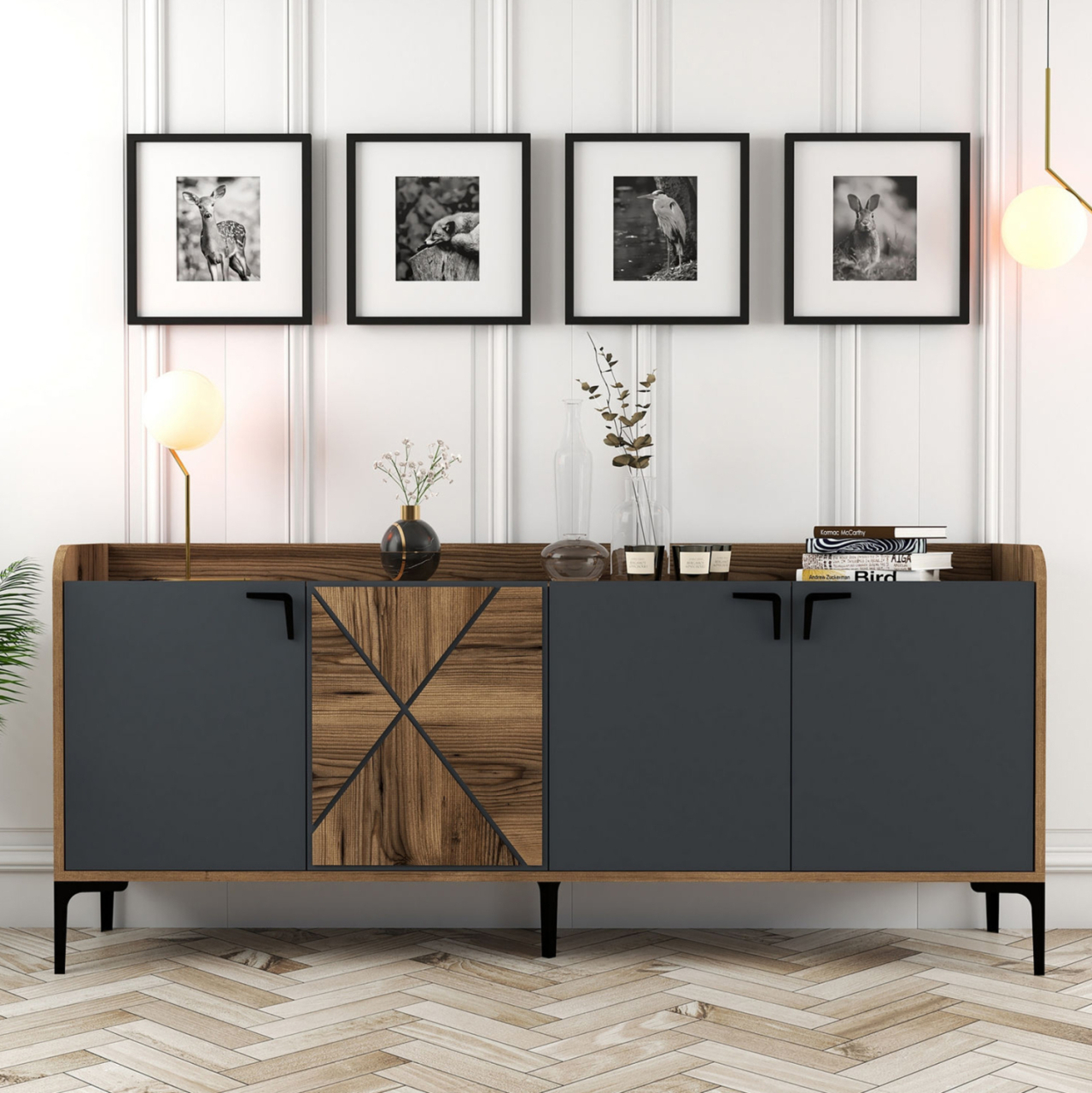 BUFFET MELAMINE WALNUT AND CHARCOAL GREY 180x35x78Hcm.HM9433.01 [3]