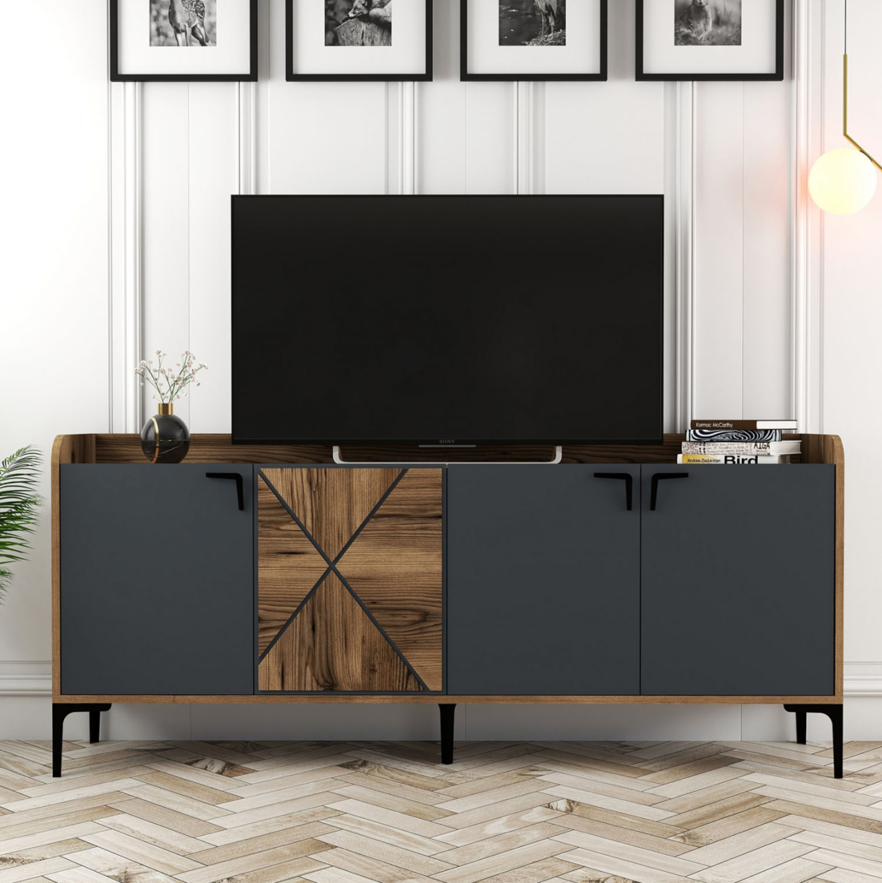 BUFFET MELAMINE WALNUT AND CHARCOAL GREY 180x35x78Hcm.HM9433.01 [5]