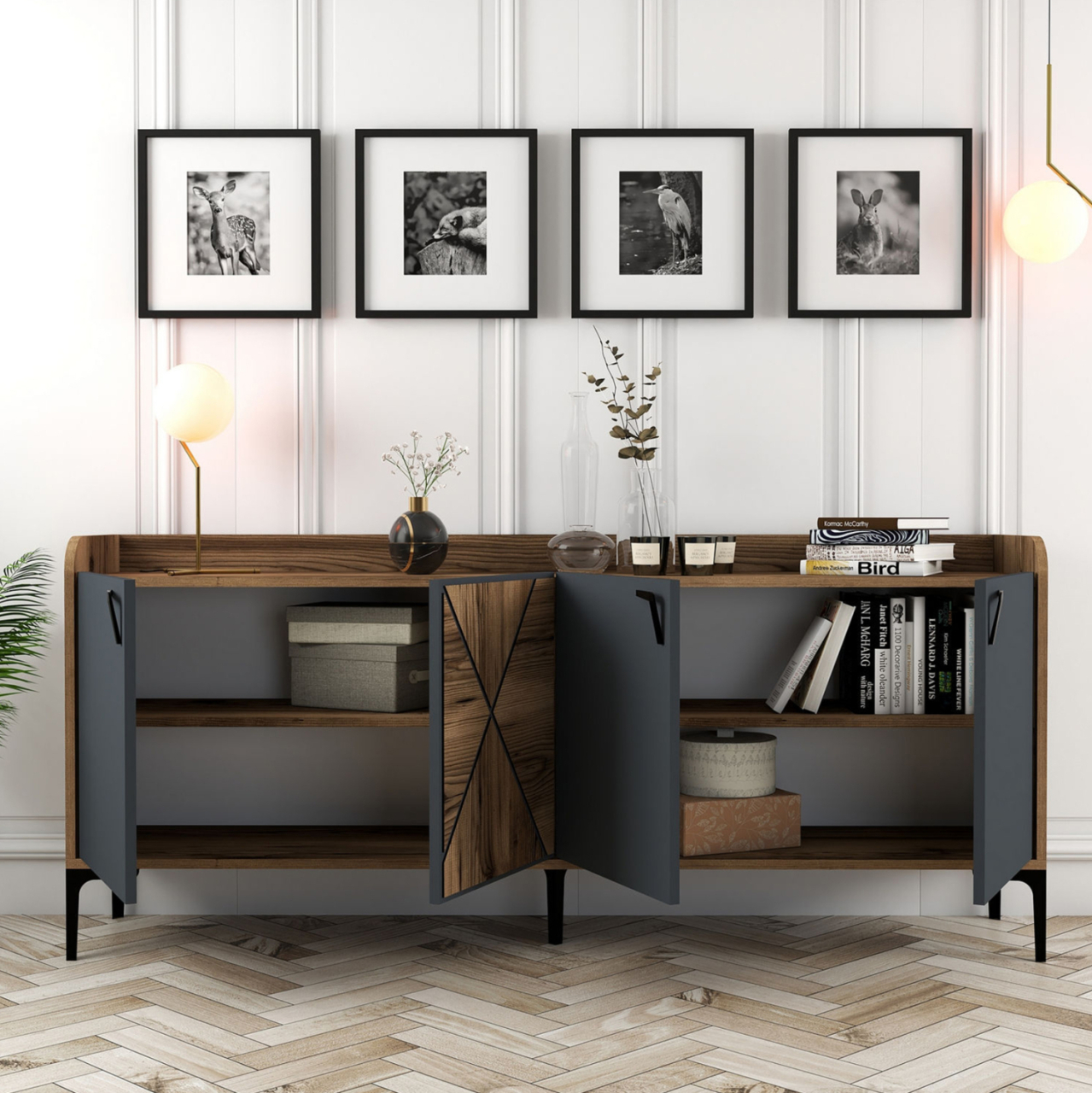 BUFFET MELAMINE WALNUT AND CHARCOAL GREY 180x35x78Hcm.HM9433.01 [4]