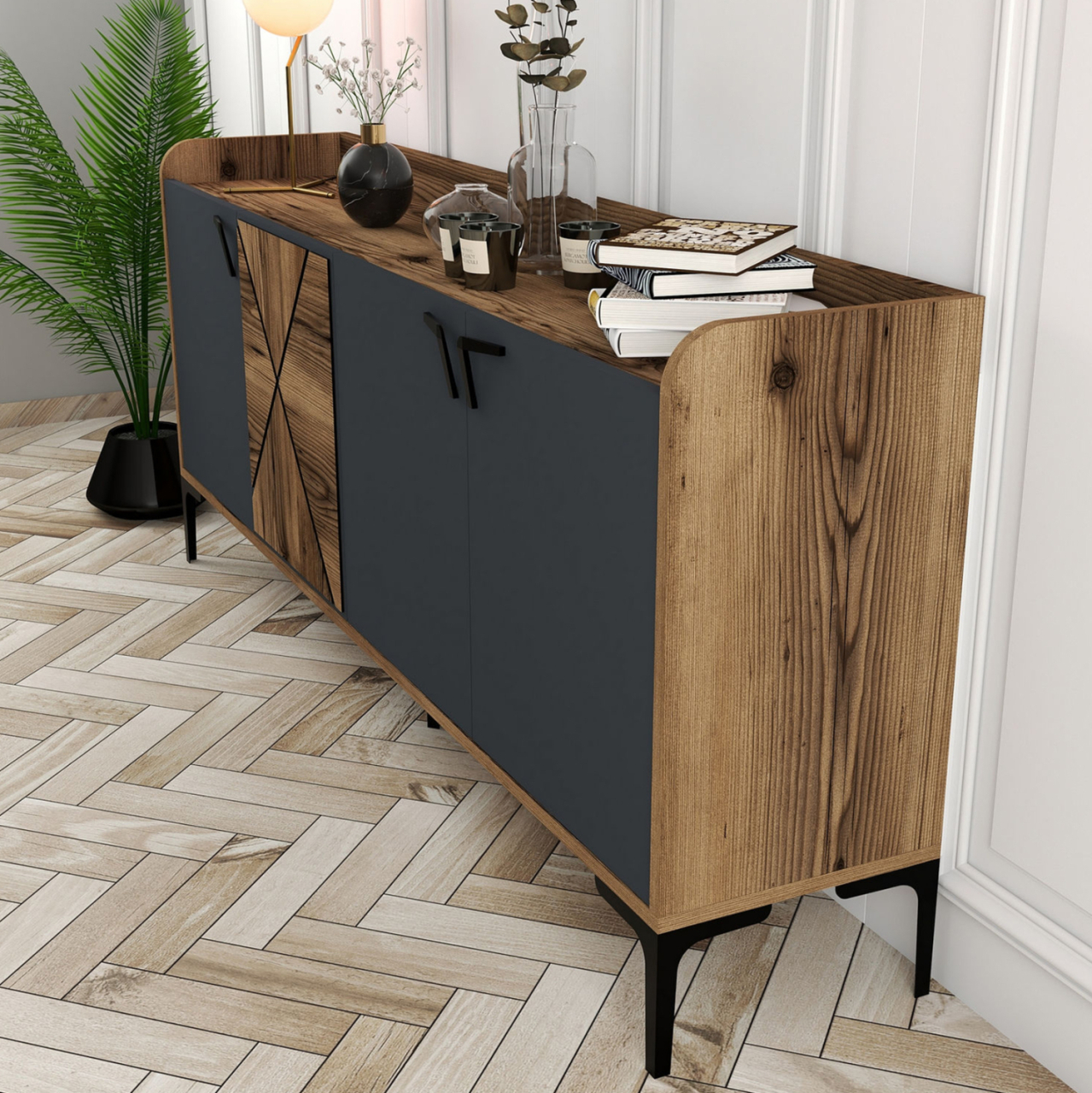 BUFFET MELAMINE WALNUT AND CHARCOAL GREY 180x35x78Hcm.HM9433.01 [6]
