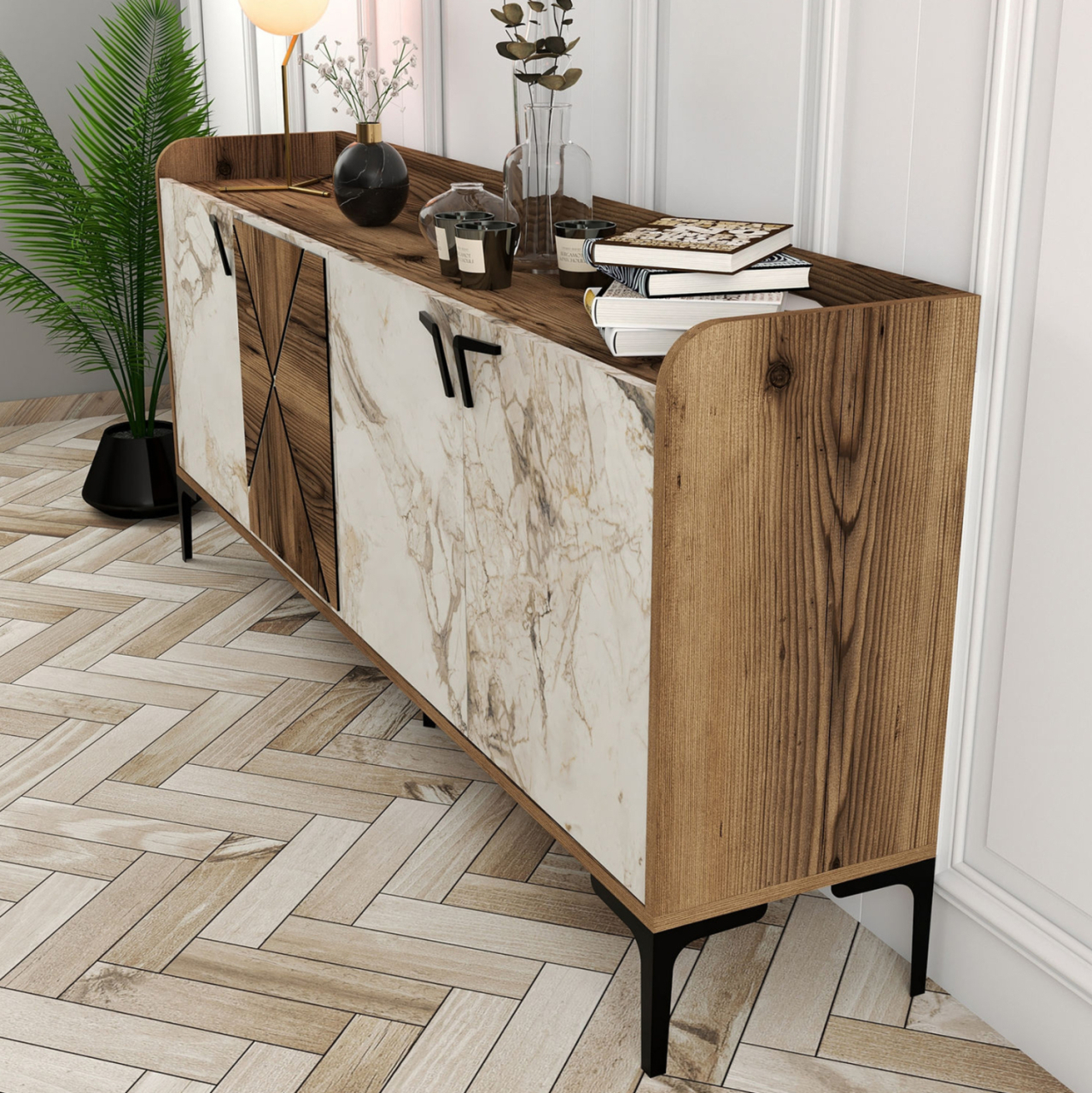 BUFFET MELAMINE WALNUT AND WHITE MARBLE LOOK 180x35x78Ηcm.ΗΜ9433.02 [6]
