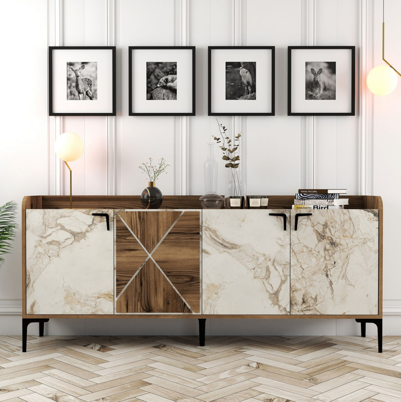 BUFFET MELAMINE WALNUT AND WHITE MARBLE LOOK 180x35x78Ηcm.ΗΜ9433.02 [3]