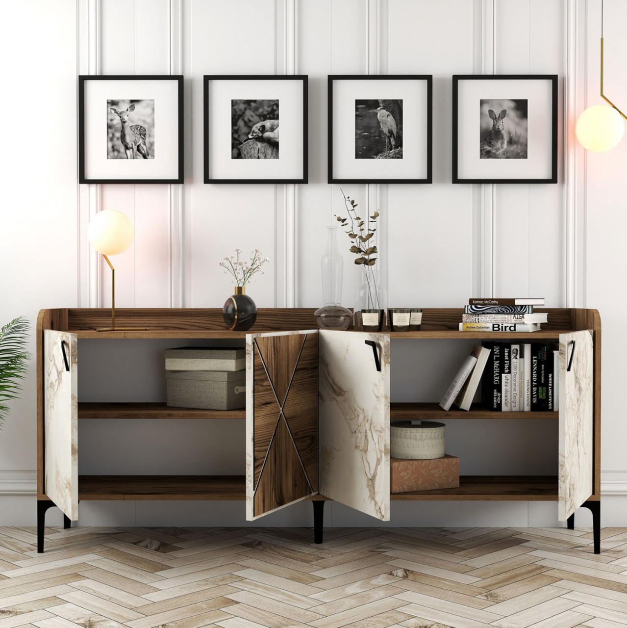 BUFFET MELAMINE WALNUT AND WHITE MARBLE LOOK 180x35x78Ηcm.ΗΜ9433.02 [4]
