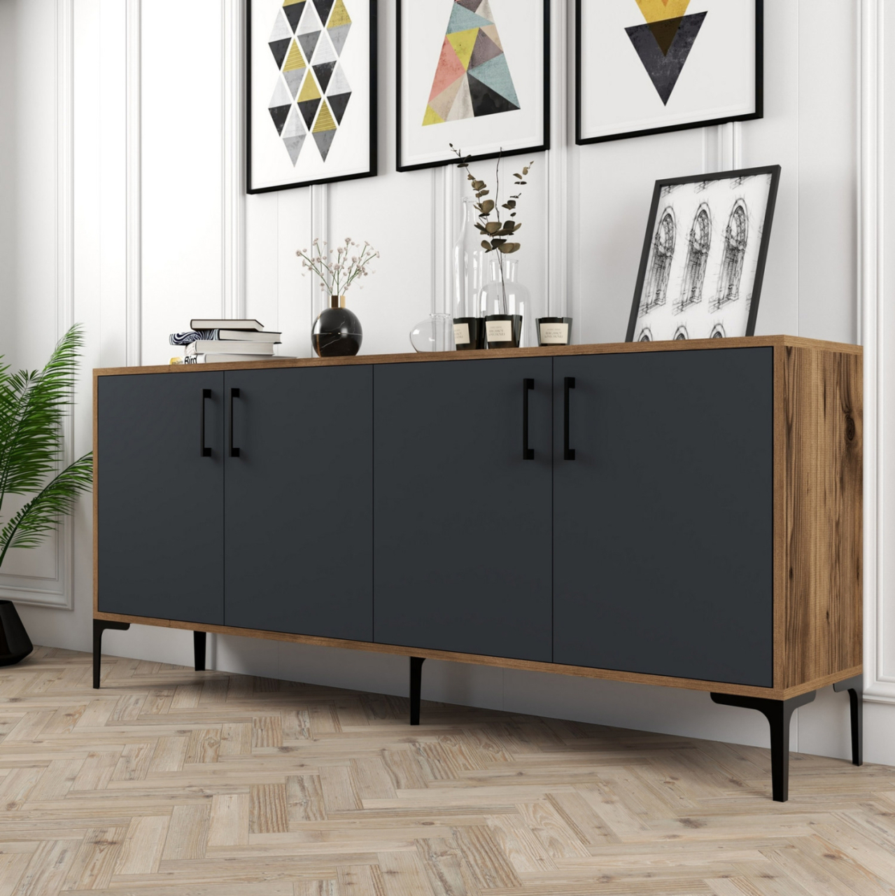 BUFFET MELAMINE WALNUT COLOR WITH CHARCOAL GREY DOORS 180x35x78Hcm.HM9428.01 [5]