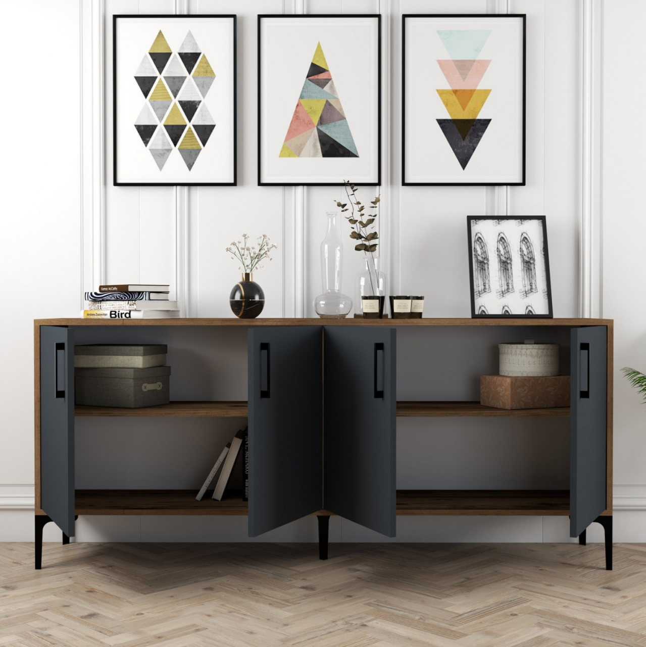BUFFET MELAMINE WALNUT COLOR WITH CHARCOAL GREY DOORS 180x35x78Hcm.HM9428.01 [3]