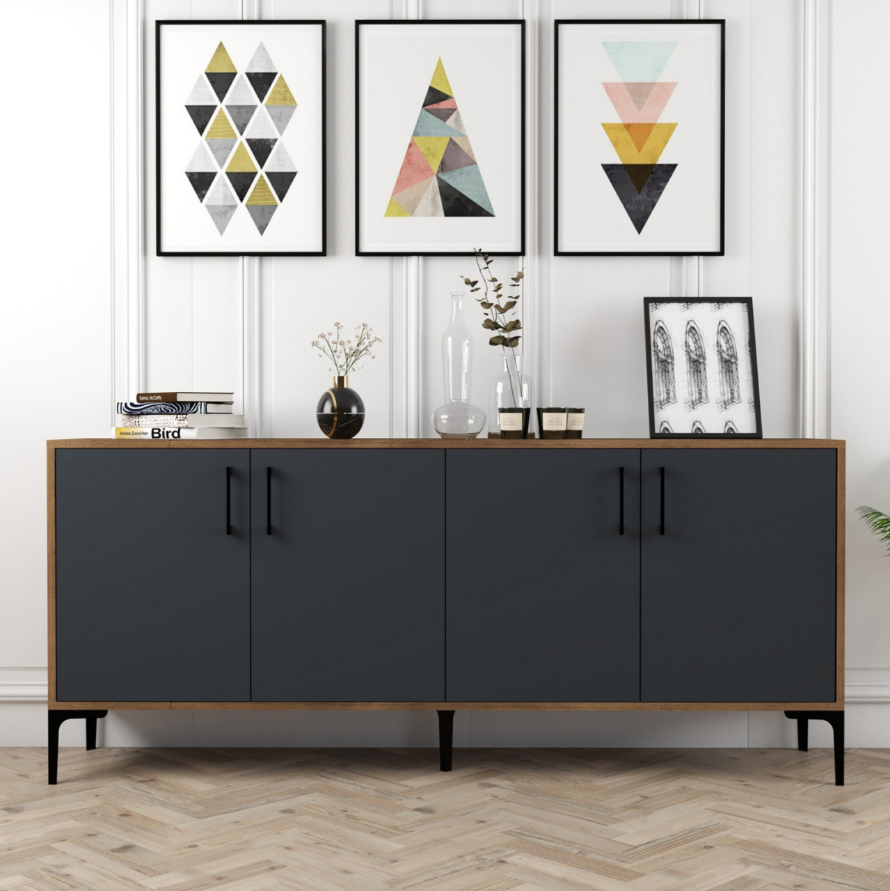 BUFFET MELAMINE WALNUT COLOR WITH CHARCOAL GREY DOORS 180x35x78Hcm.HM9428.01 [4]
