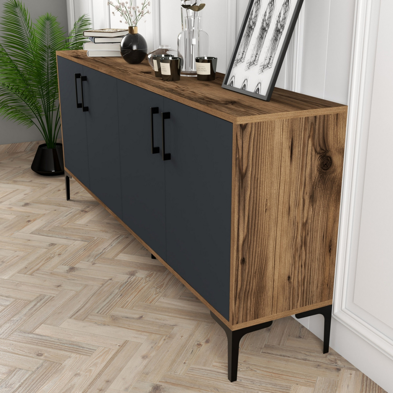 BUFFET MELAMINE WALNUT COLOR WITH CHARCOAL GREY DOORS 180x35x78Hcm.HM9428.01 [6]