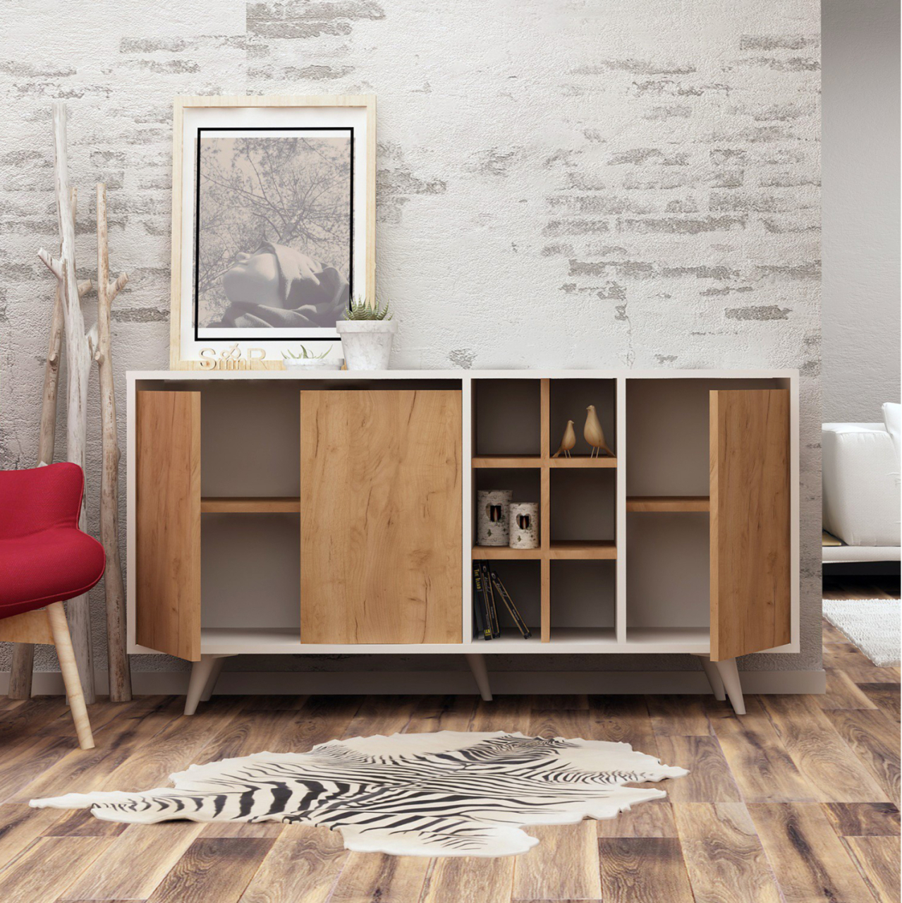 BUFFET MELAMINE WHITE WITH WALNUT DOORS 140x40x86Hcm.HM9432.01 [5]