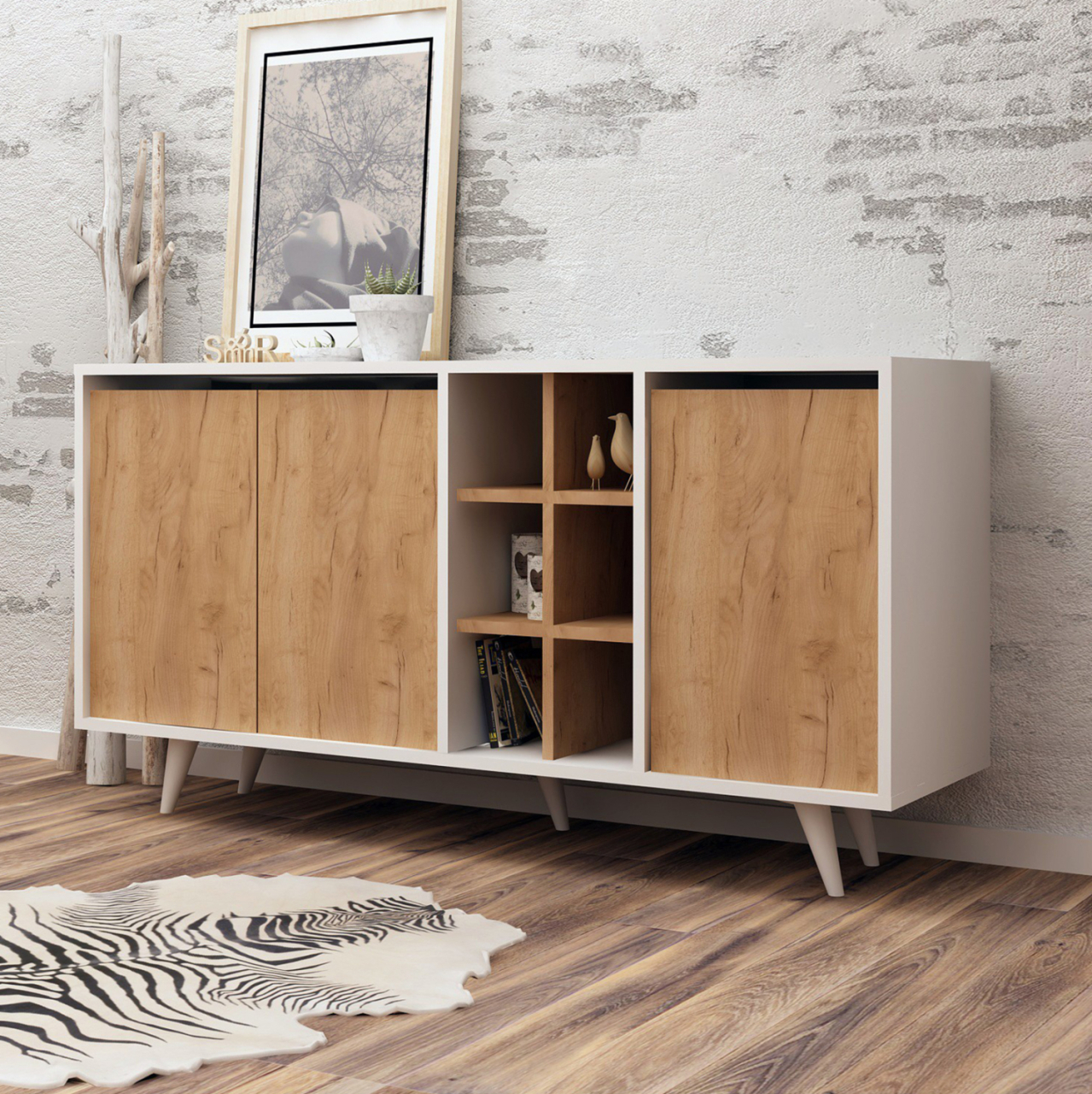 BUFFET MELAMINE WHITE WITH WALNUT DOORS 140x40x86Hcm.HM9432.01 [3]