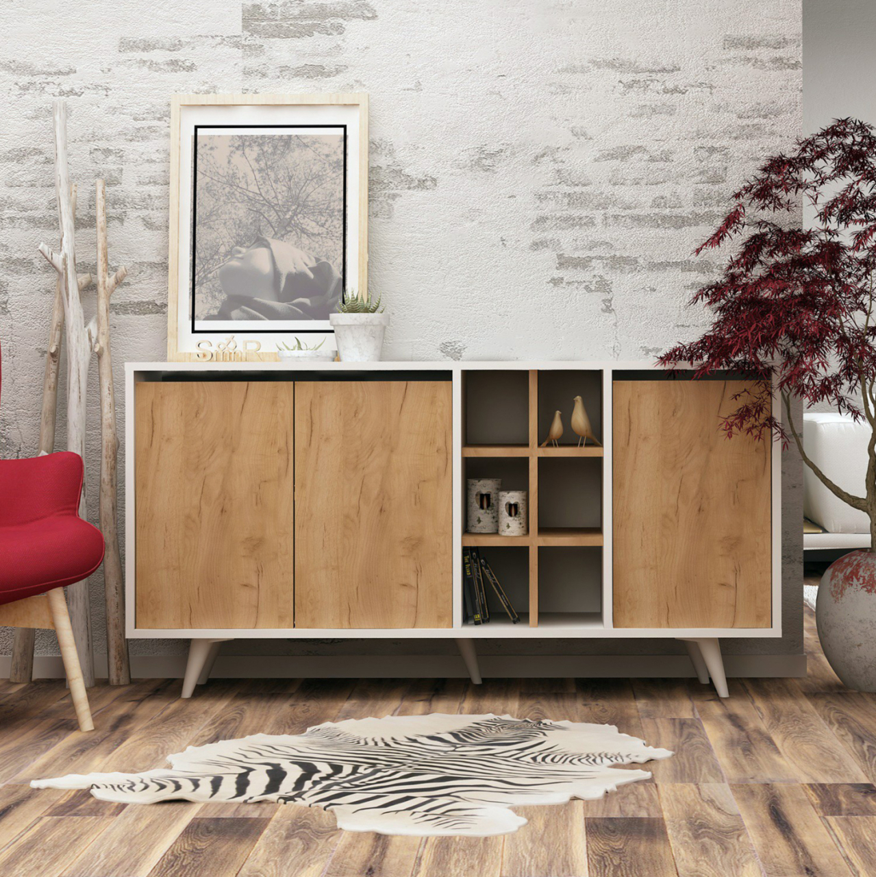 BUFFET MELAMINE WHITE WITH WALNUT DOORS 140x40x86Hcm.HM9432.01 [4]